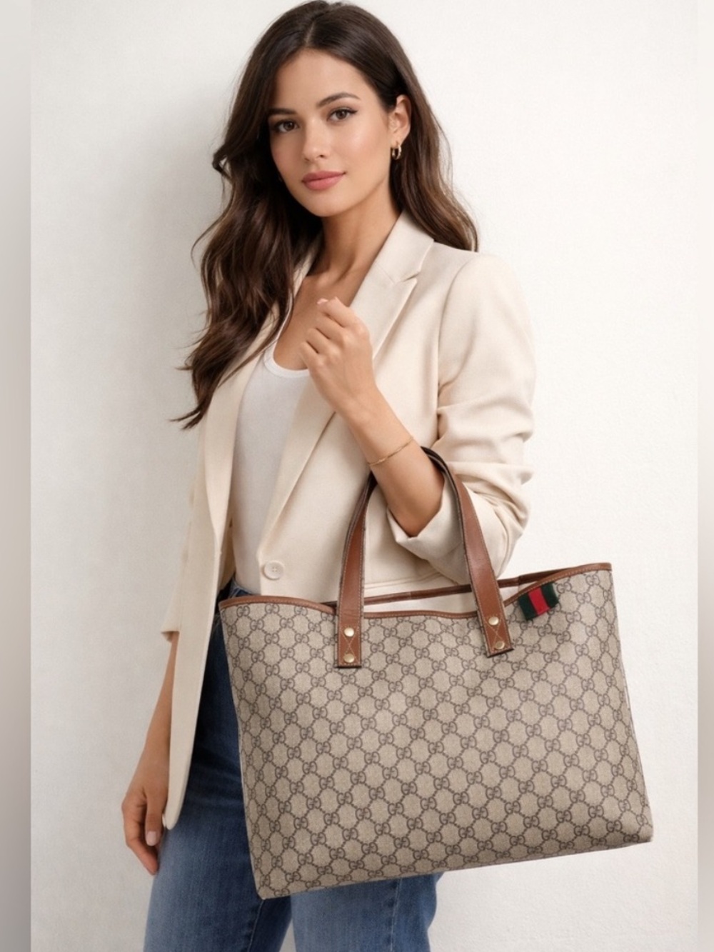 Gucci authentic brown monogram coated canvas large tote bag brown leather